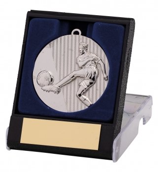 50MM SILVER FOOTBALL MEDAL WITH BOX