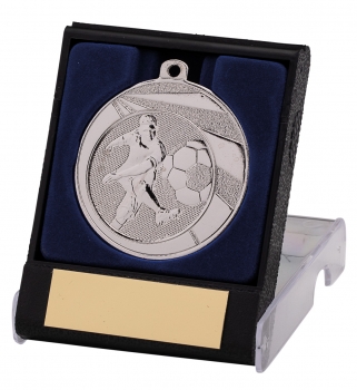 50MM SILVER FOOTBALL MEDAL WITH BOX