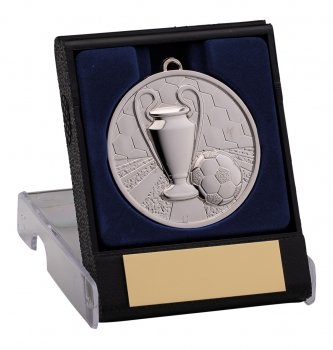 50MM SILVER FOOTBALL MEDAL WITH BOX