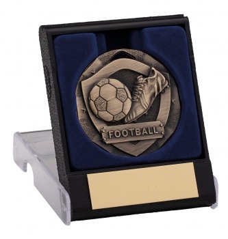 50MM FOOTBALL SHIELD MEDAL WTIH BOX